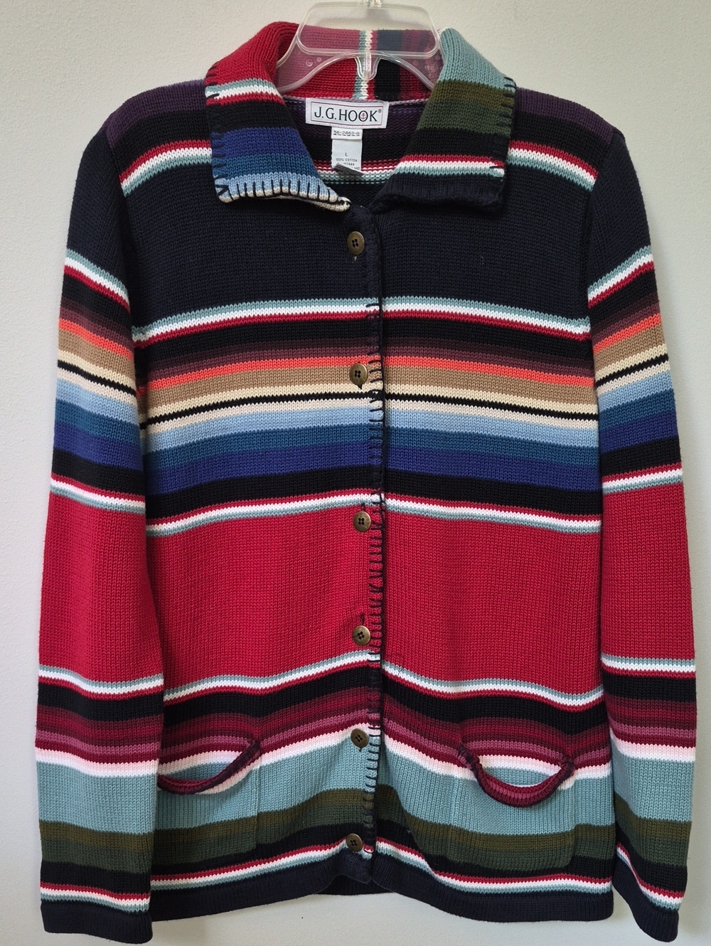 Colorful Striped Cotton Blanket Stitched Button-Up Cardigan Womens L Cabincore